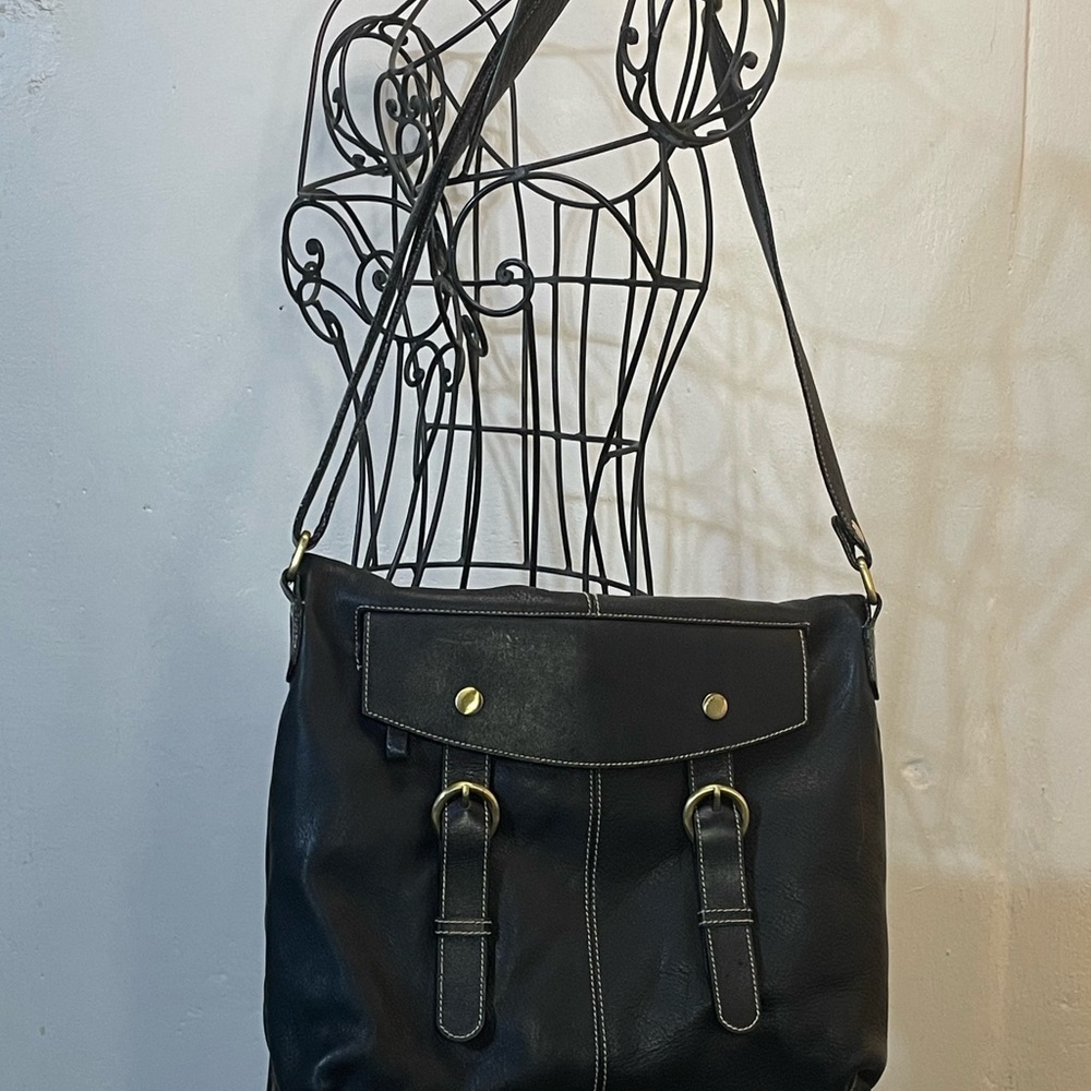 Soft Black Thick Genuine Leather Crossbody/Shoulder/Tote Bag #0097 - Picture 2 of 11
